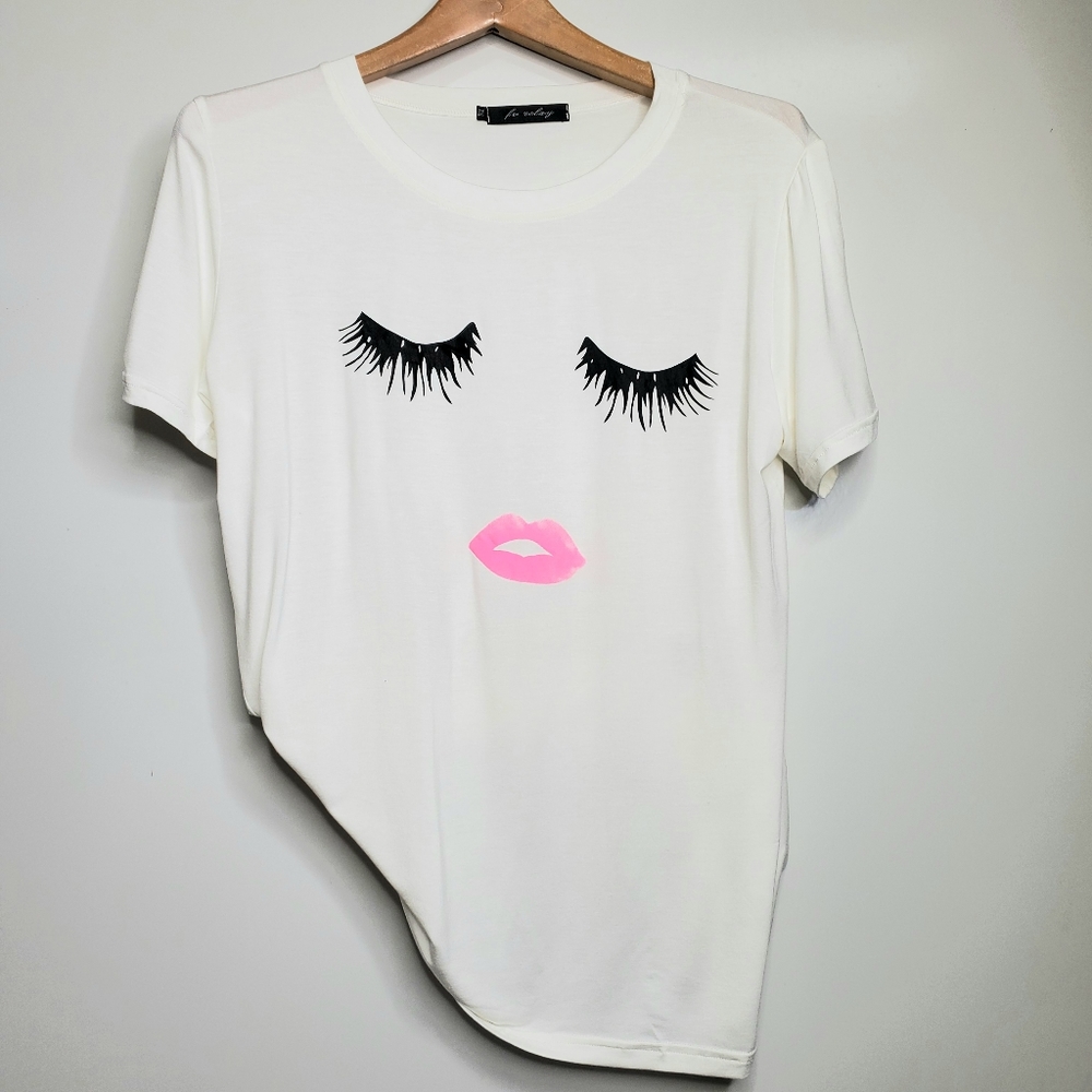 NWT FV RELAY Off White Eyelash Pink Lips T-Shirt Tee Short-Sleeve Size Plus XXL